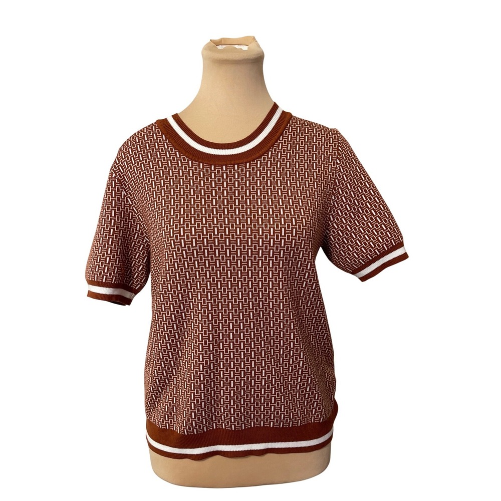 Adrianna Papell Short Sleeve Knit‎ Sweater Size M Rust Brown Geometric Mod Retro